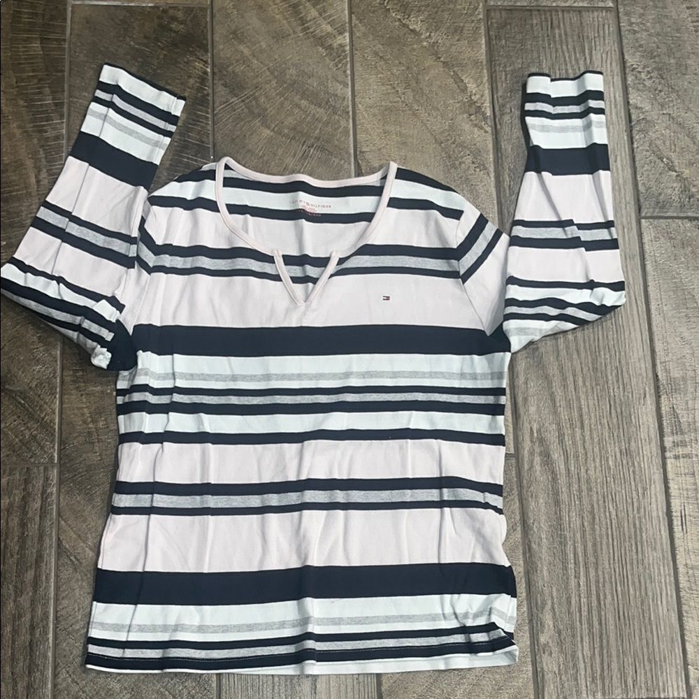Tommy Hilfiger White and Blue Fitted Long Sleeve Polo Blouse